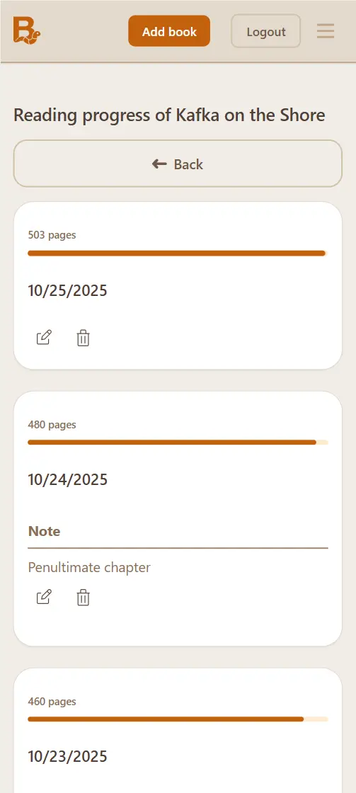 List of reading entries with notes