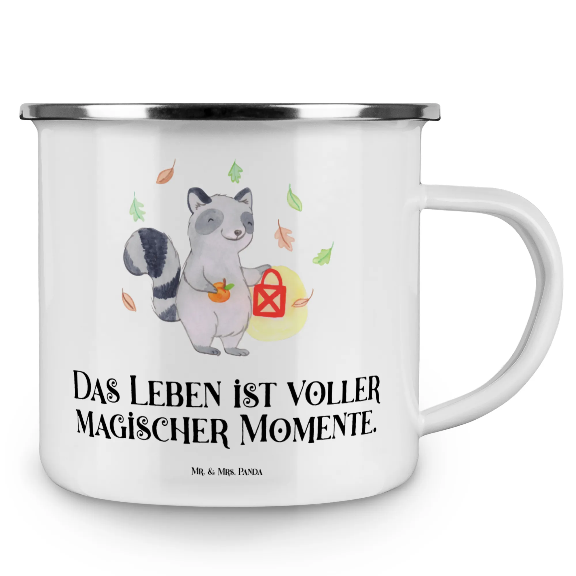 Camping Emaille Tasse Waschbär Laterne