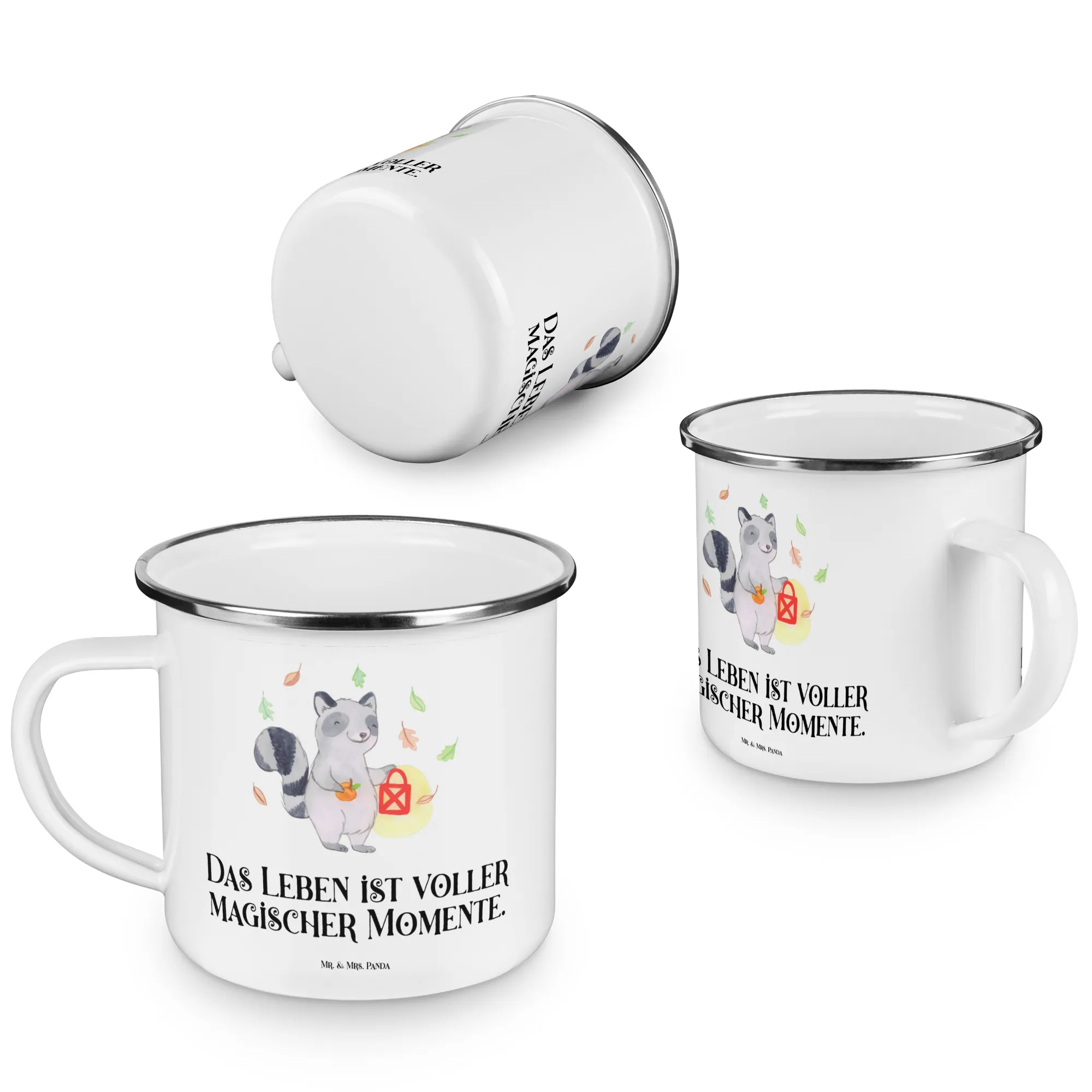 Camping Emaille Tasse Waschbär Laterne