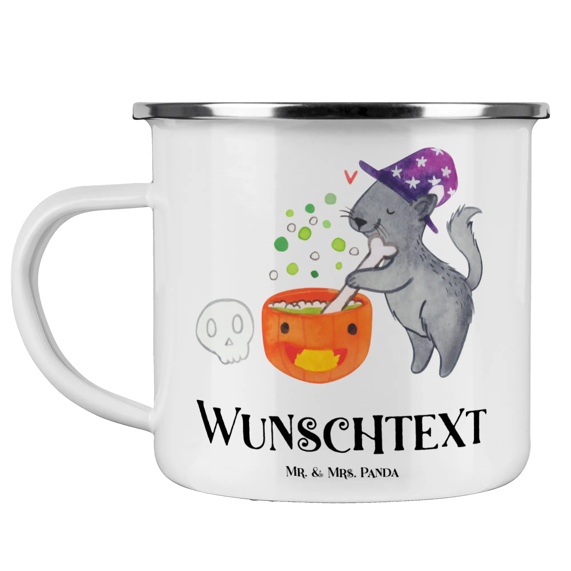 Personalisierte Emaille Tasse Kater Hexenkessel