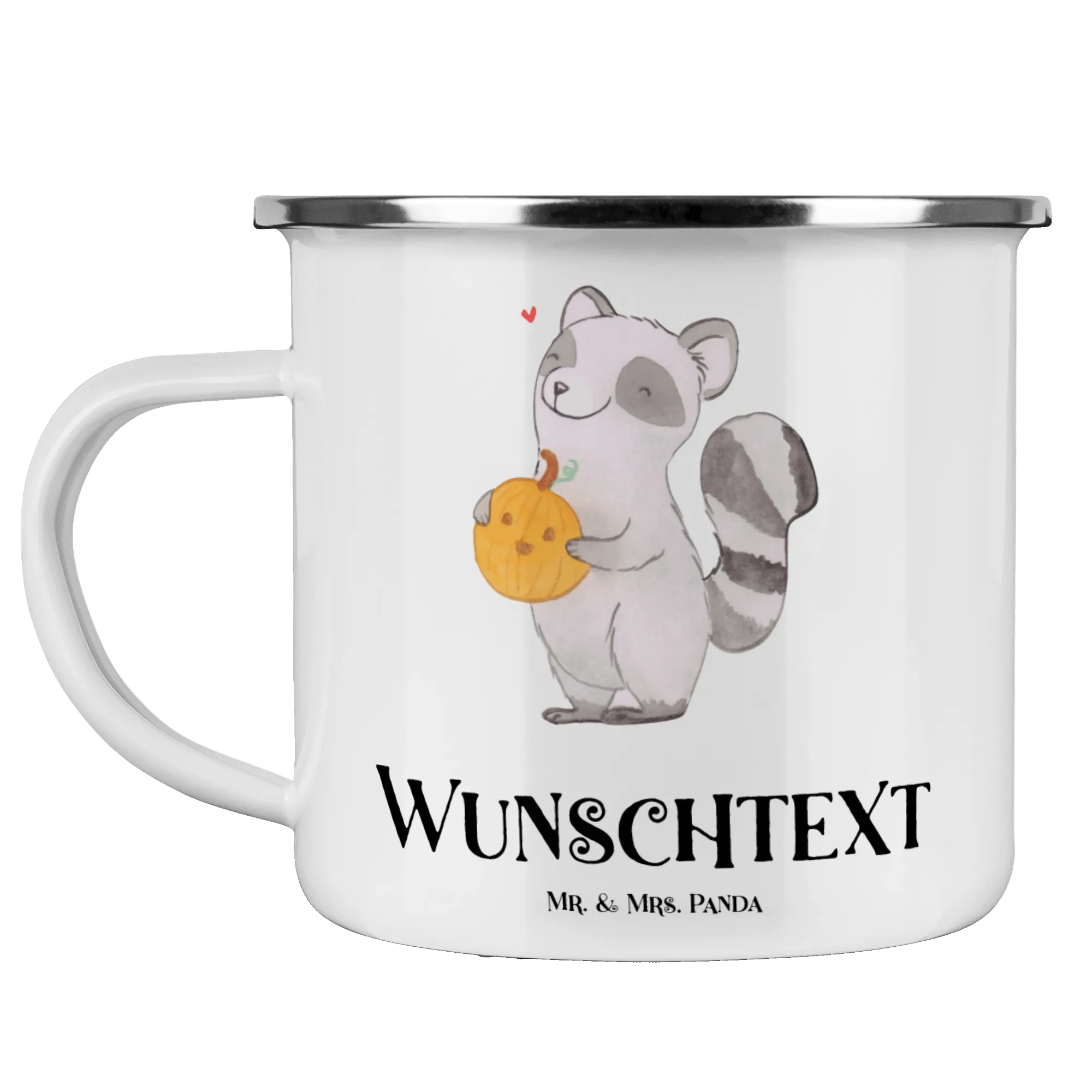 Personalisierte Emaille Tasse Waschbär Kürbis