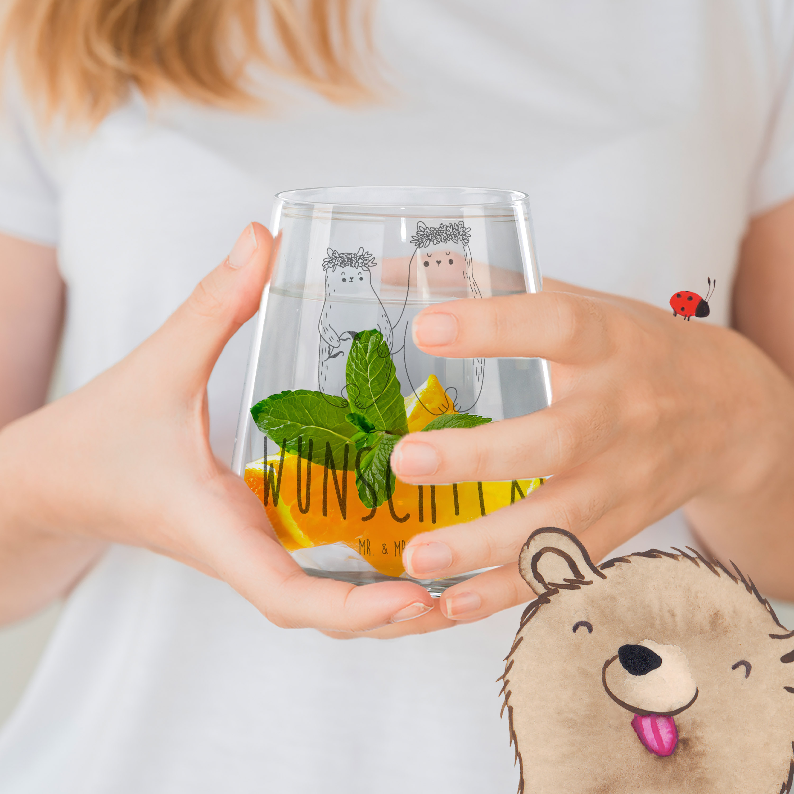 Personalisiertes Cocktail Glas Bären mit Blumenkranz