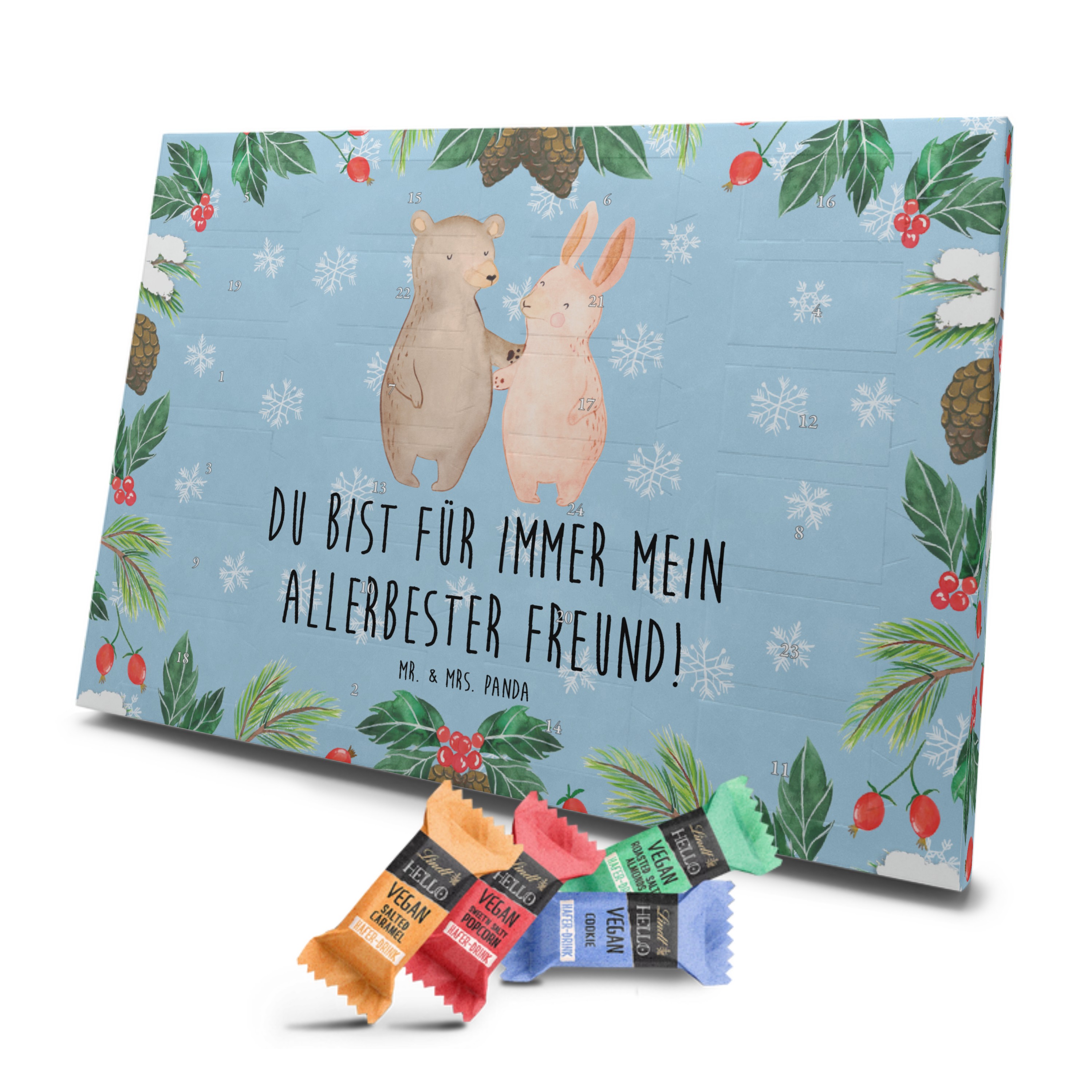 Veganer Adventskalender Bär und Hase Umarmen