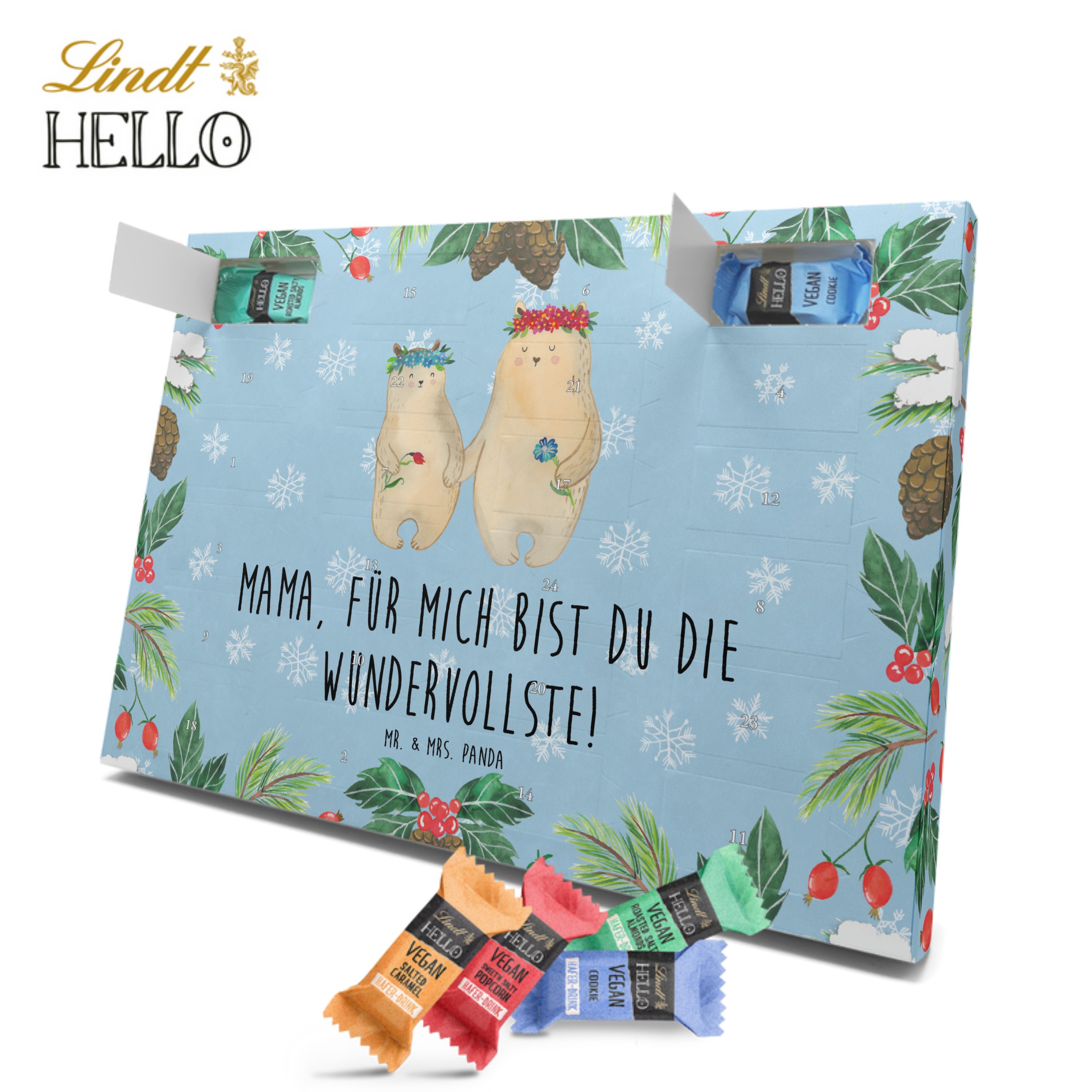 Veganer Adventskalender Bären mit Blumenkranz