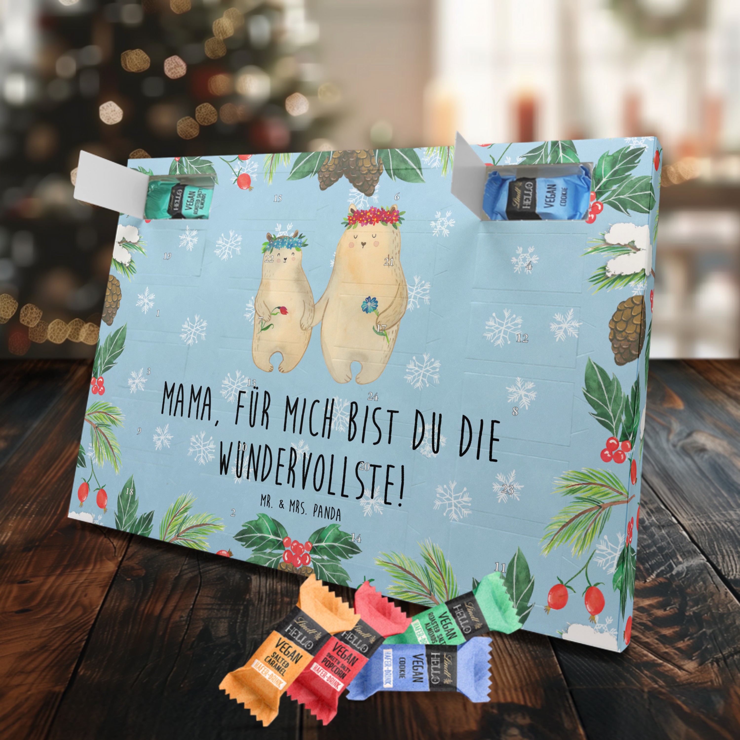 Veganer Adventskalender Bären mit Blumenkranz