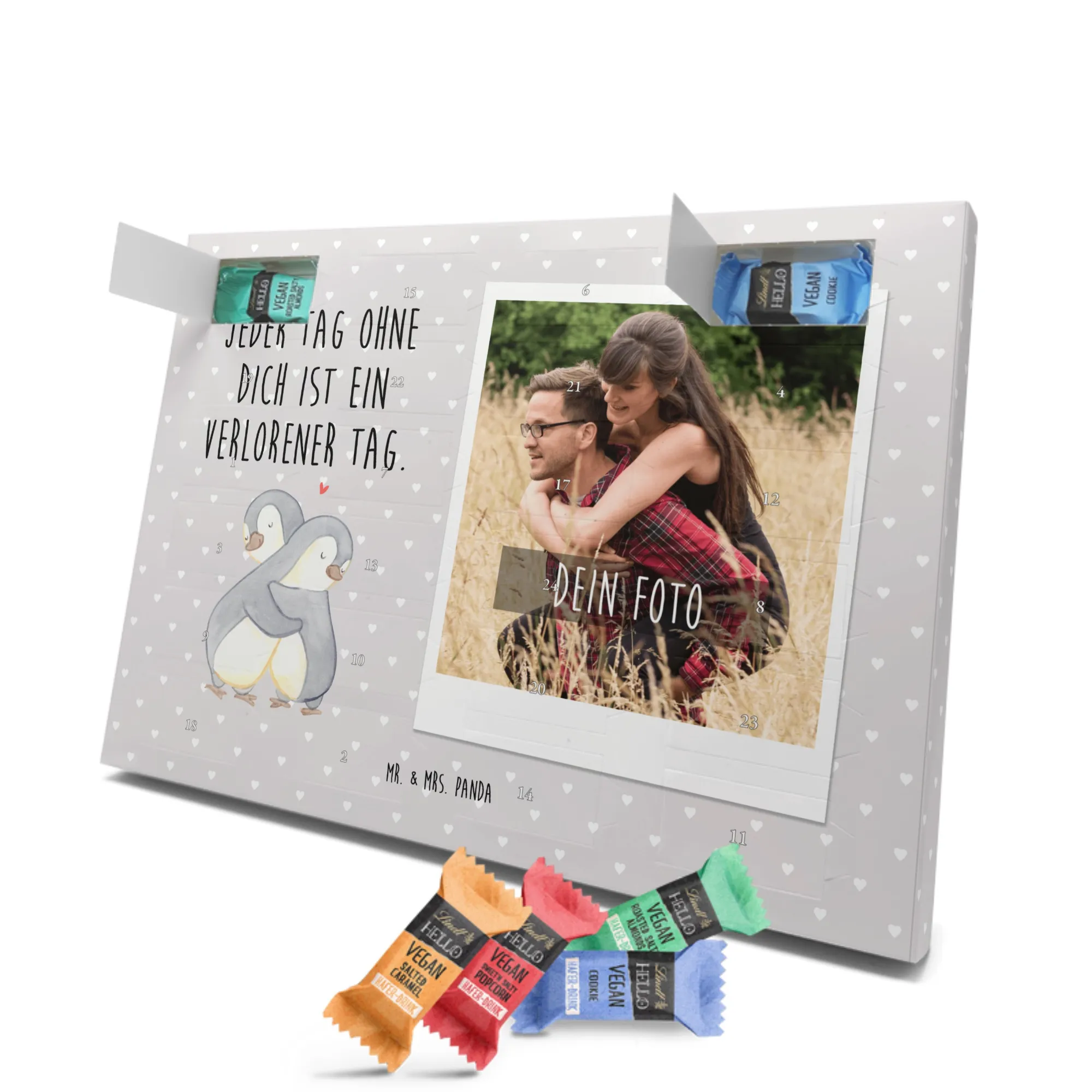 Personalisierter veganer Foto Adventskalender Pinguine Kuscheln