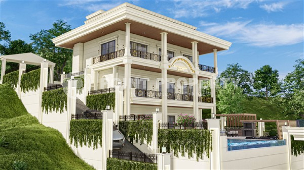 Three-storey premium villa of 350 m2 under construction in Alanya, Tepe with five rooms-id-3129-photo-1