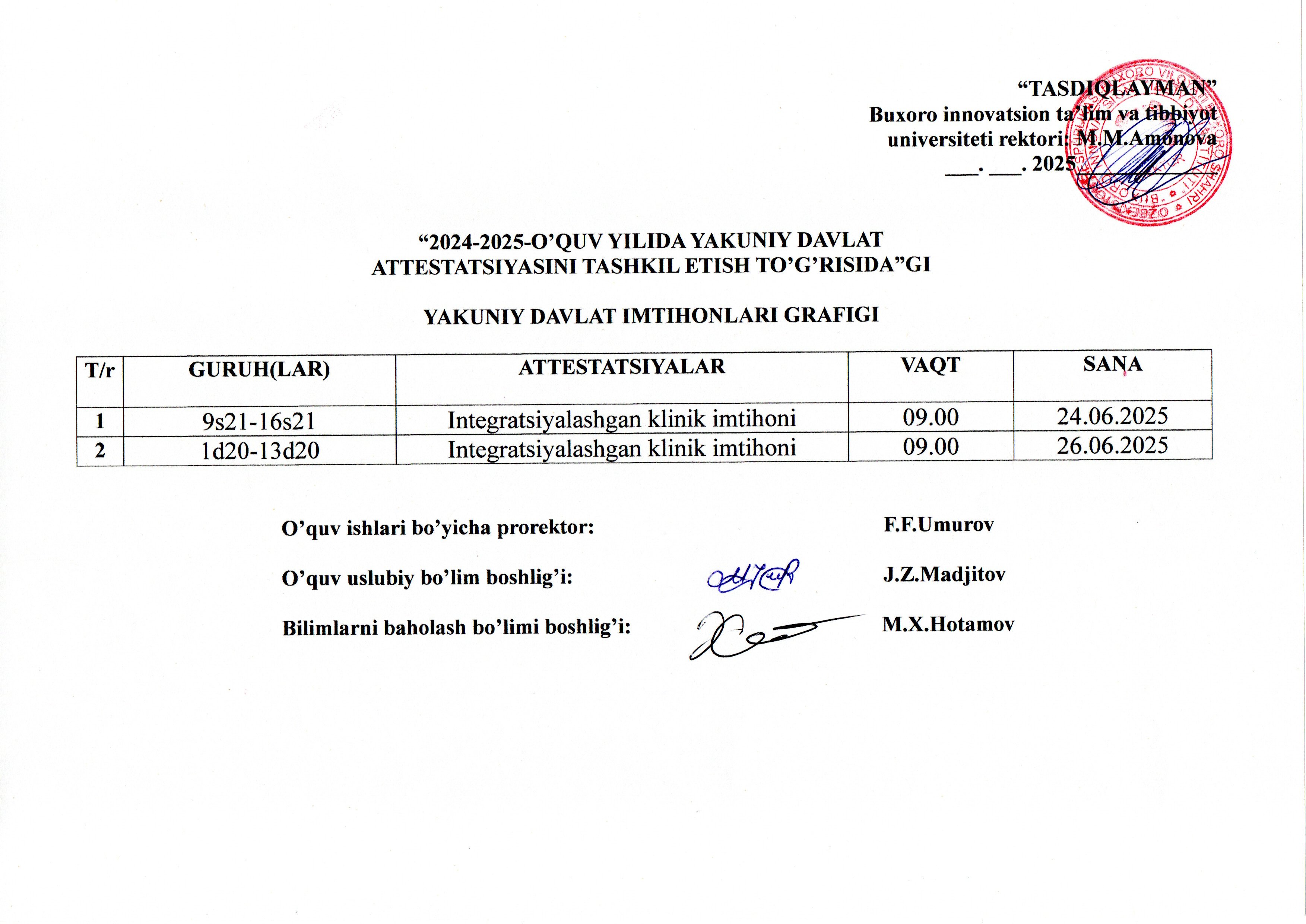 4-kurs Stomatologiya va 5-kurs Davolash ishi Davlat imtihoni