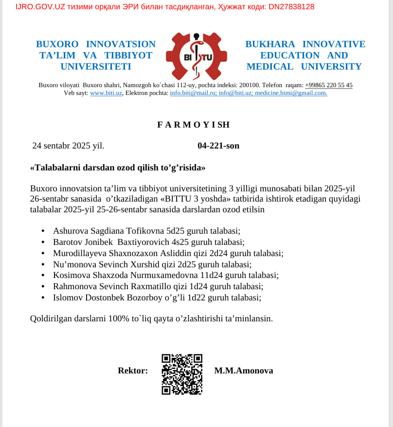Talabalarni darsdan ozod qilish to'g'risida