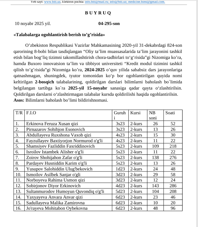  2-kurs «Talabalarga ogohlantirish berish to’g’risida»