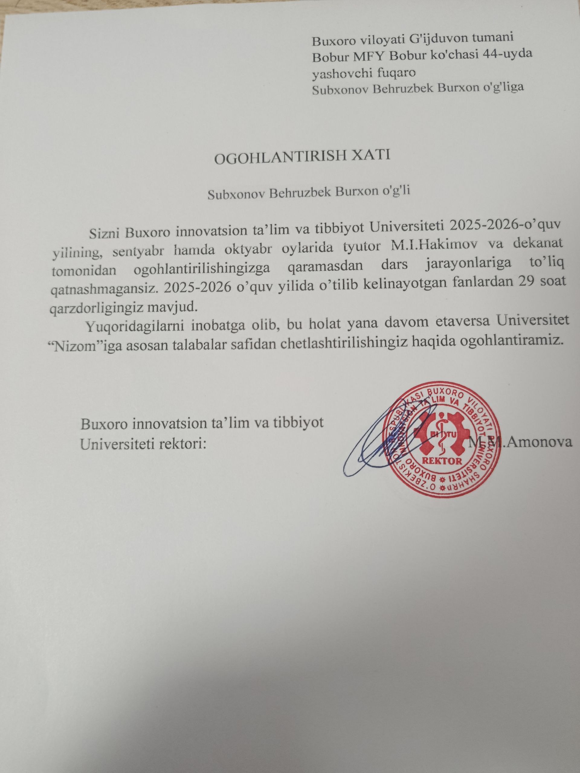 Darsga sababsiz qatnashmagan