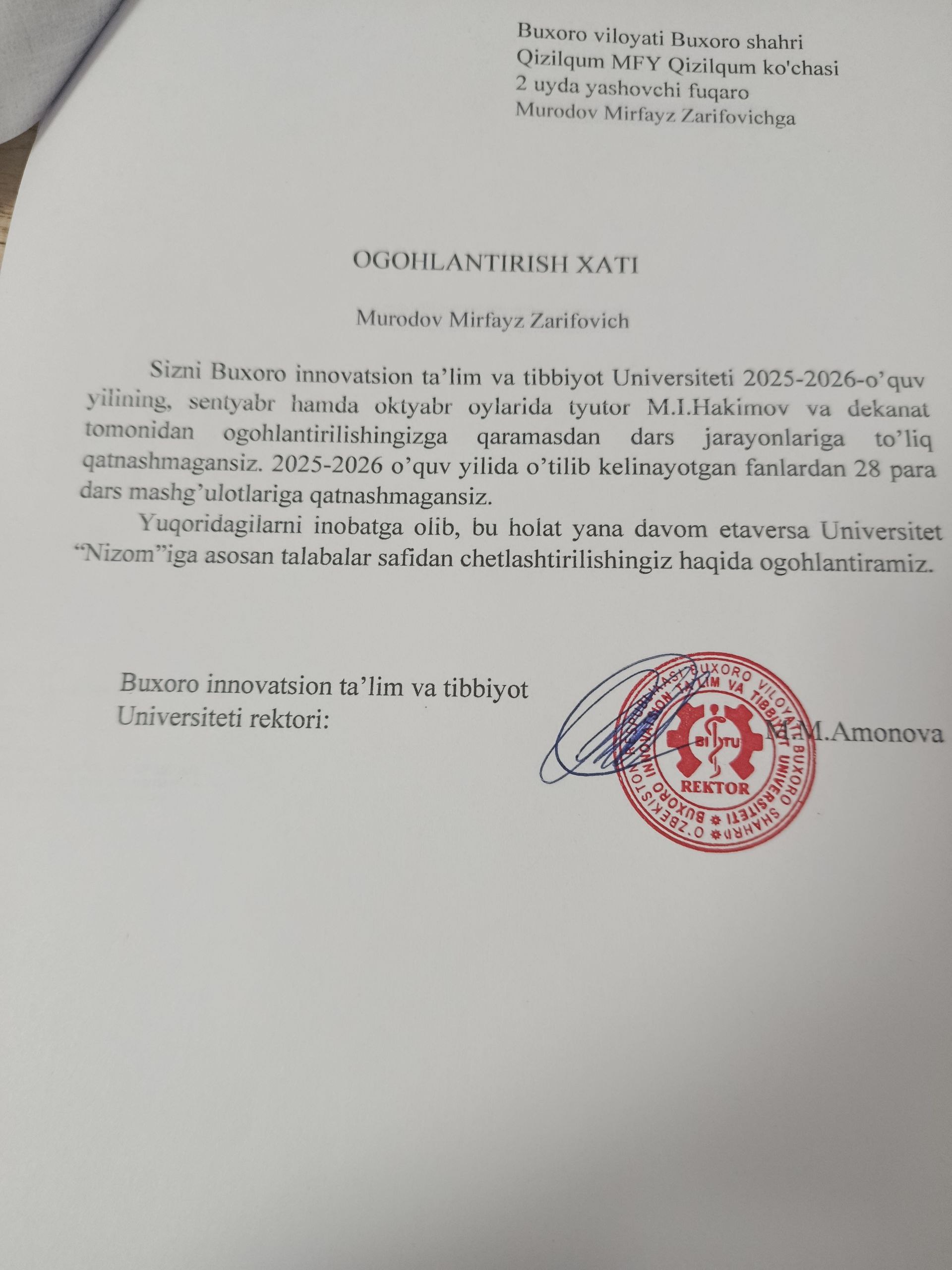 darslarga sababsiz qatnashmagan