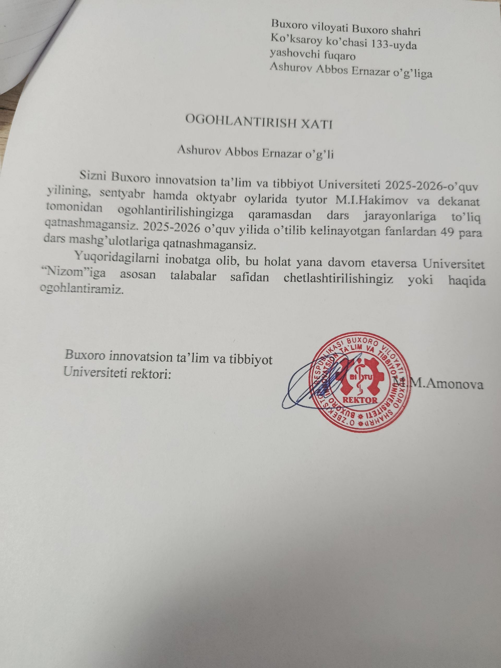 darsga sababsiz qatnashmagan