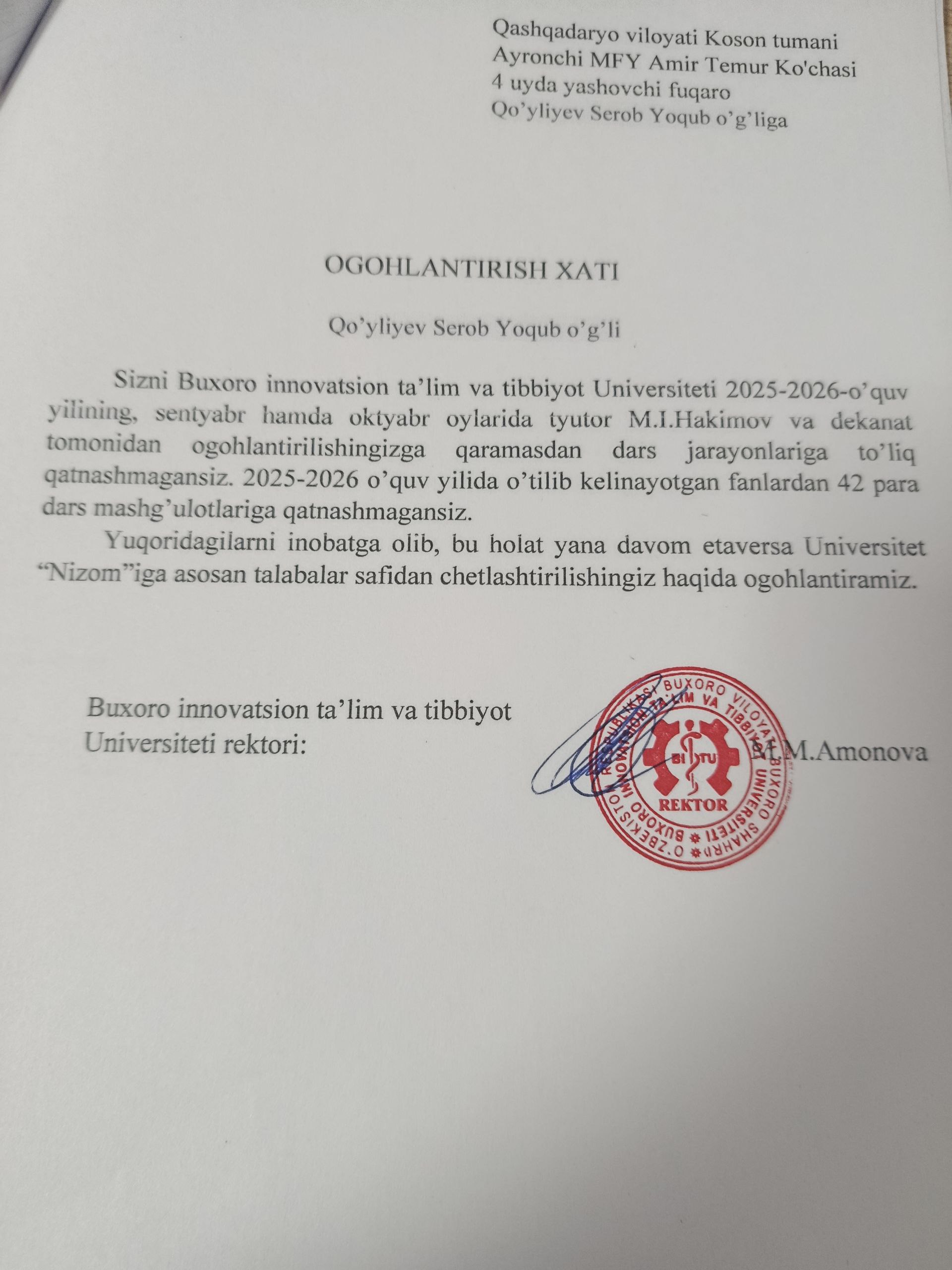 Darsga sababsiz qatnashmagan