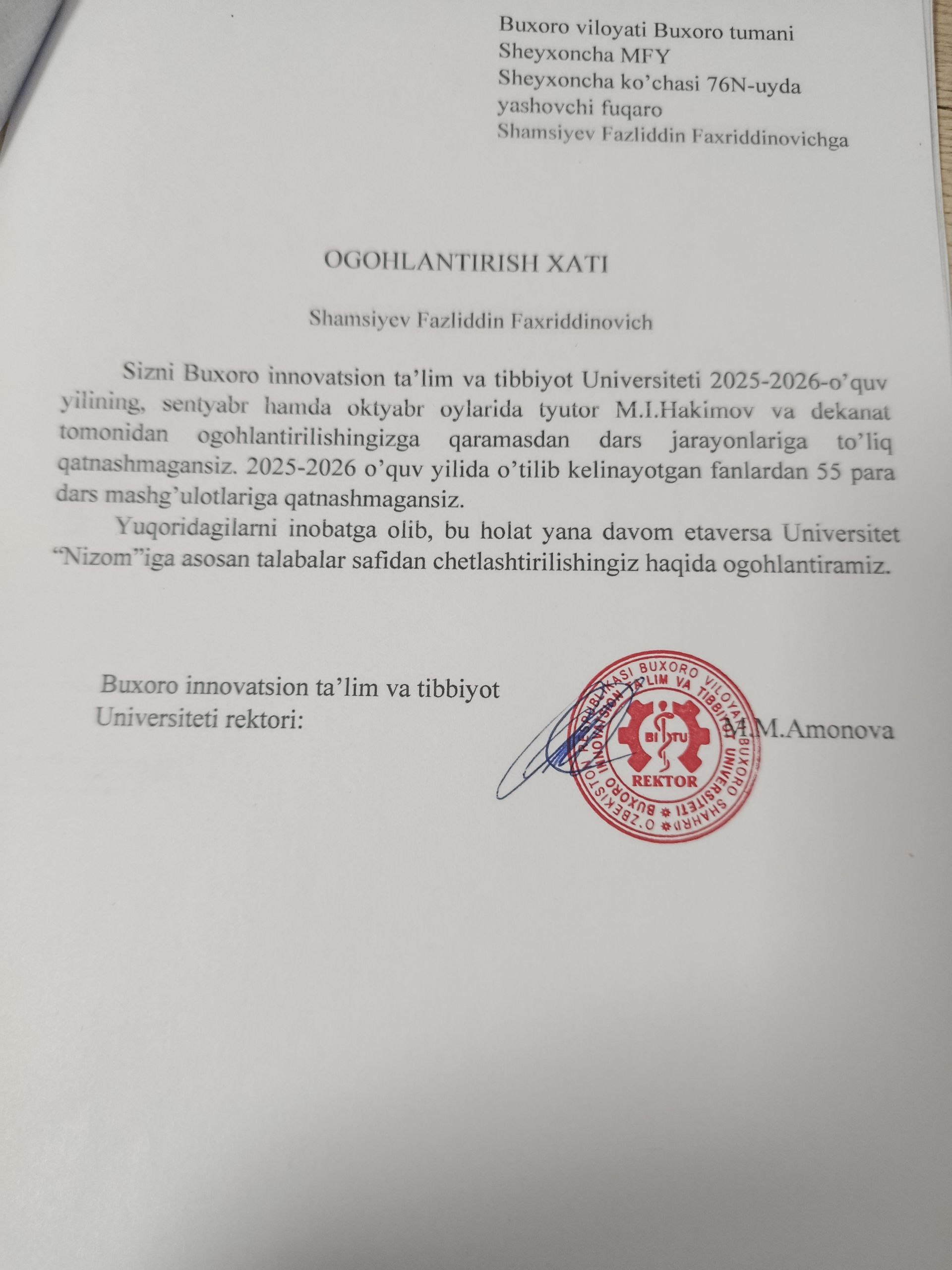 Darsga sababsiz qatnashmagan
