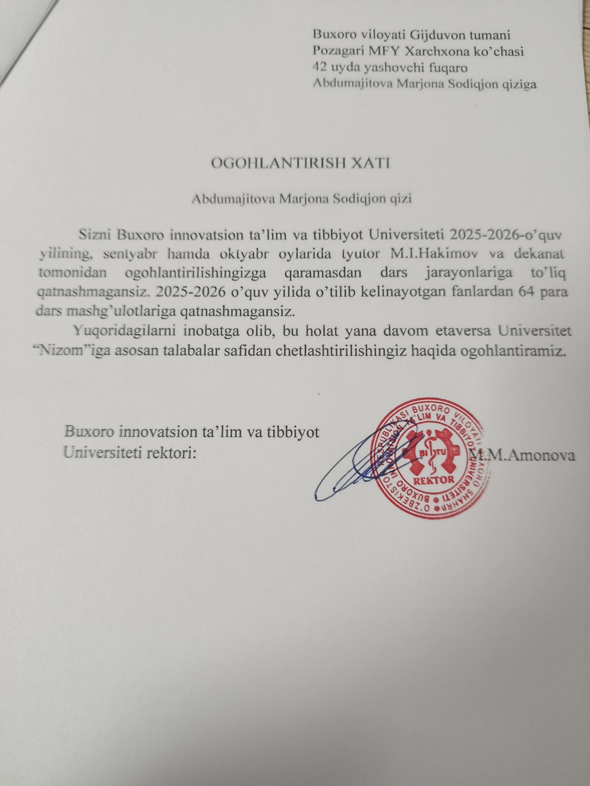 Darsga sababsiz qatnashmagan