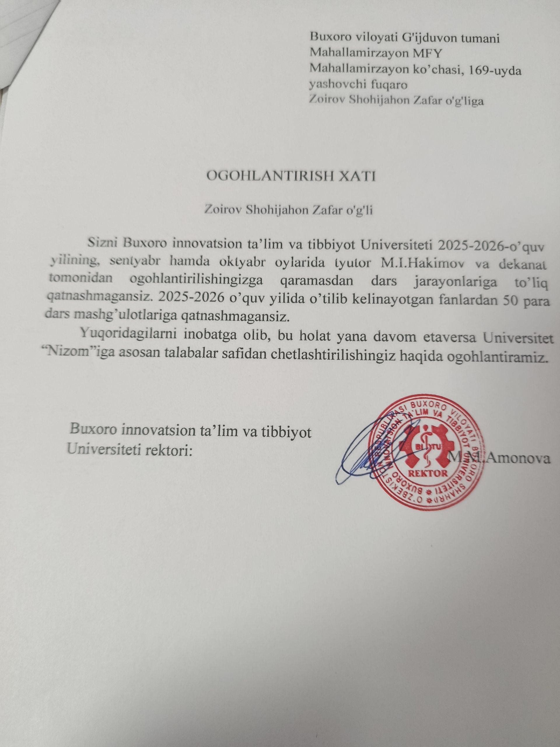 Darsga sababsiz qatnashmagan