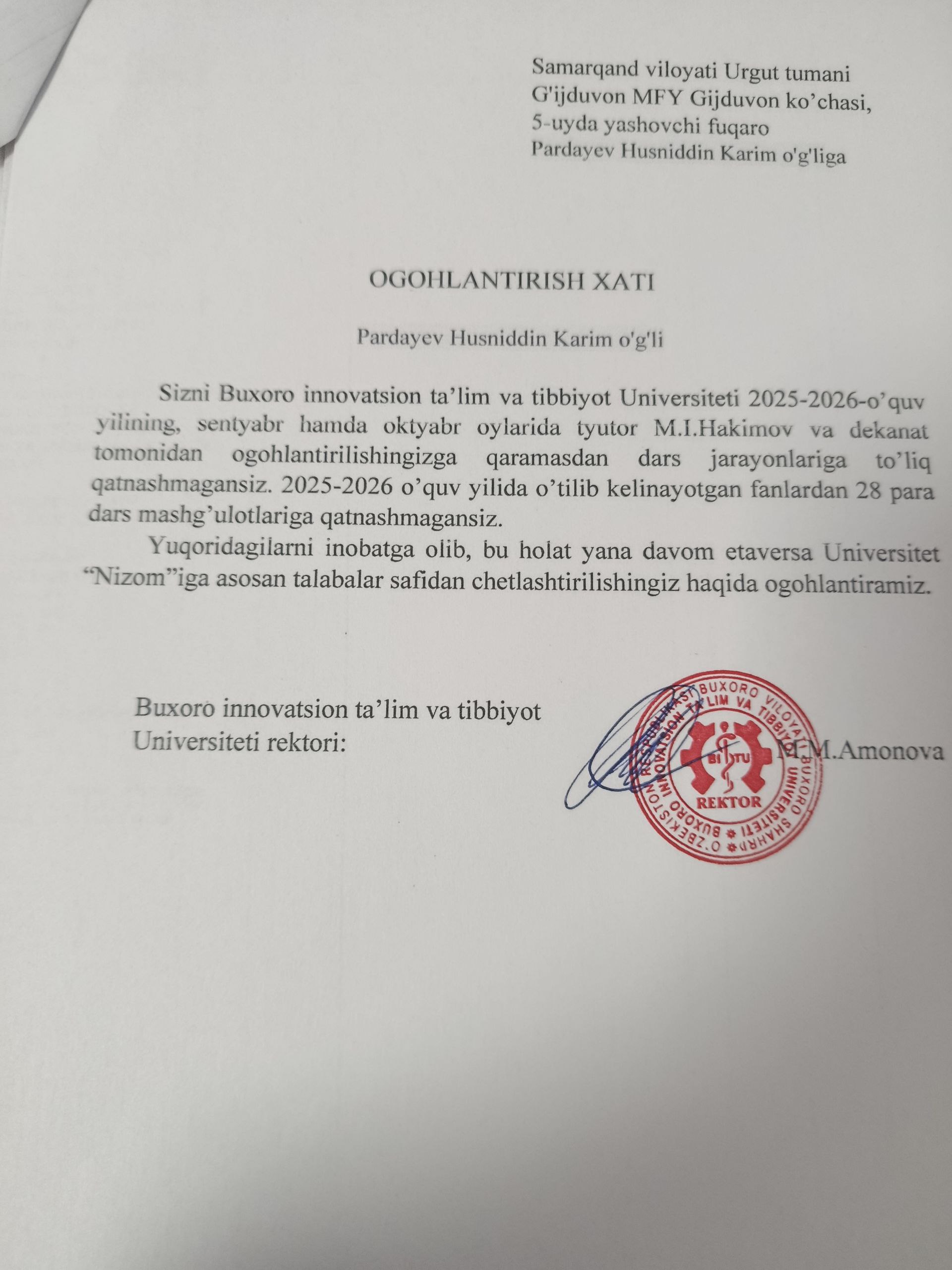 Darsga sababsiz qatnashmagan
