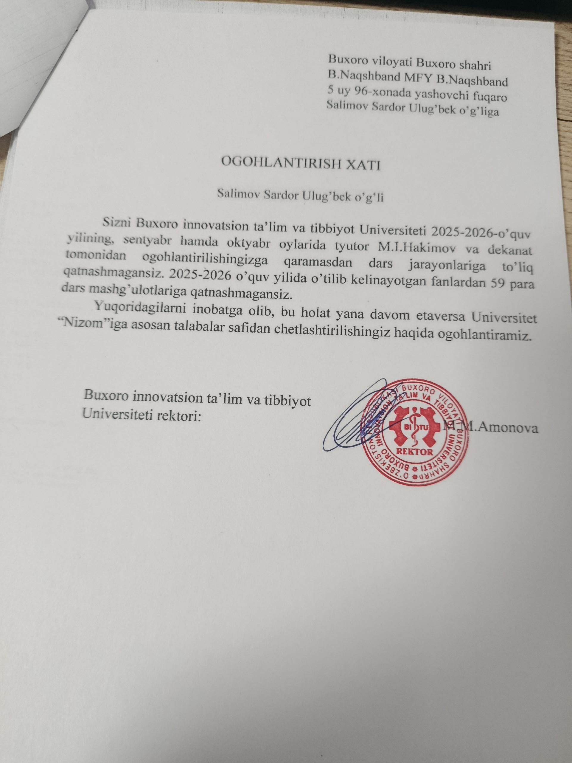 Darsga sababsiz qatnashmagan