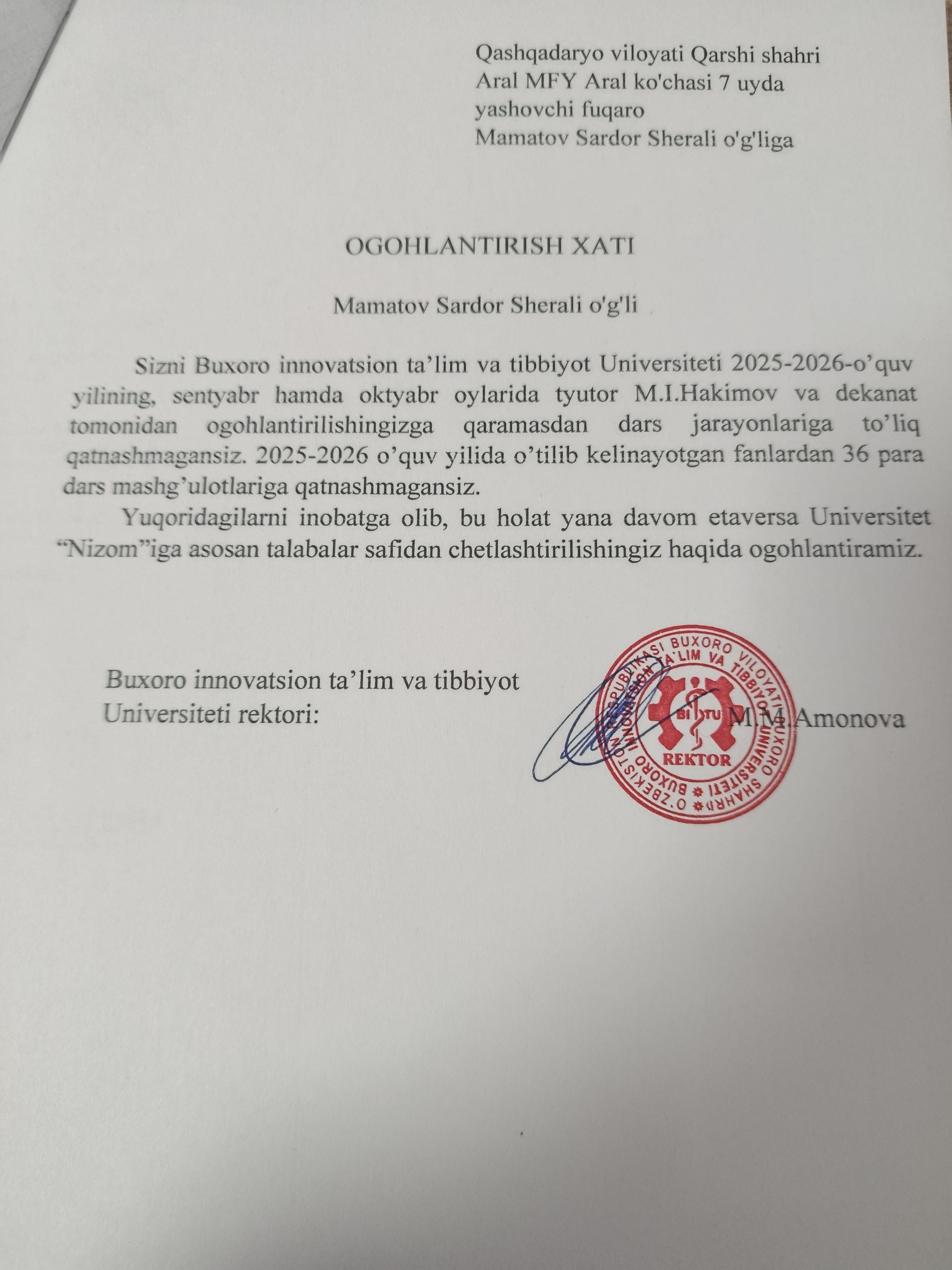 Darsga sababsiz qatnashmagan