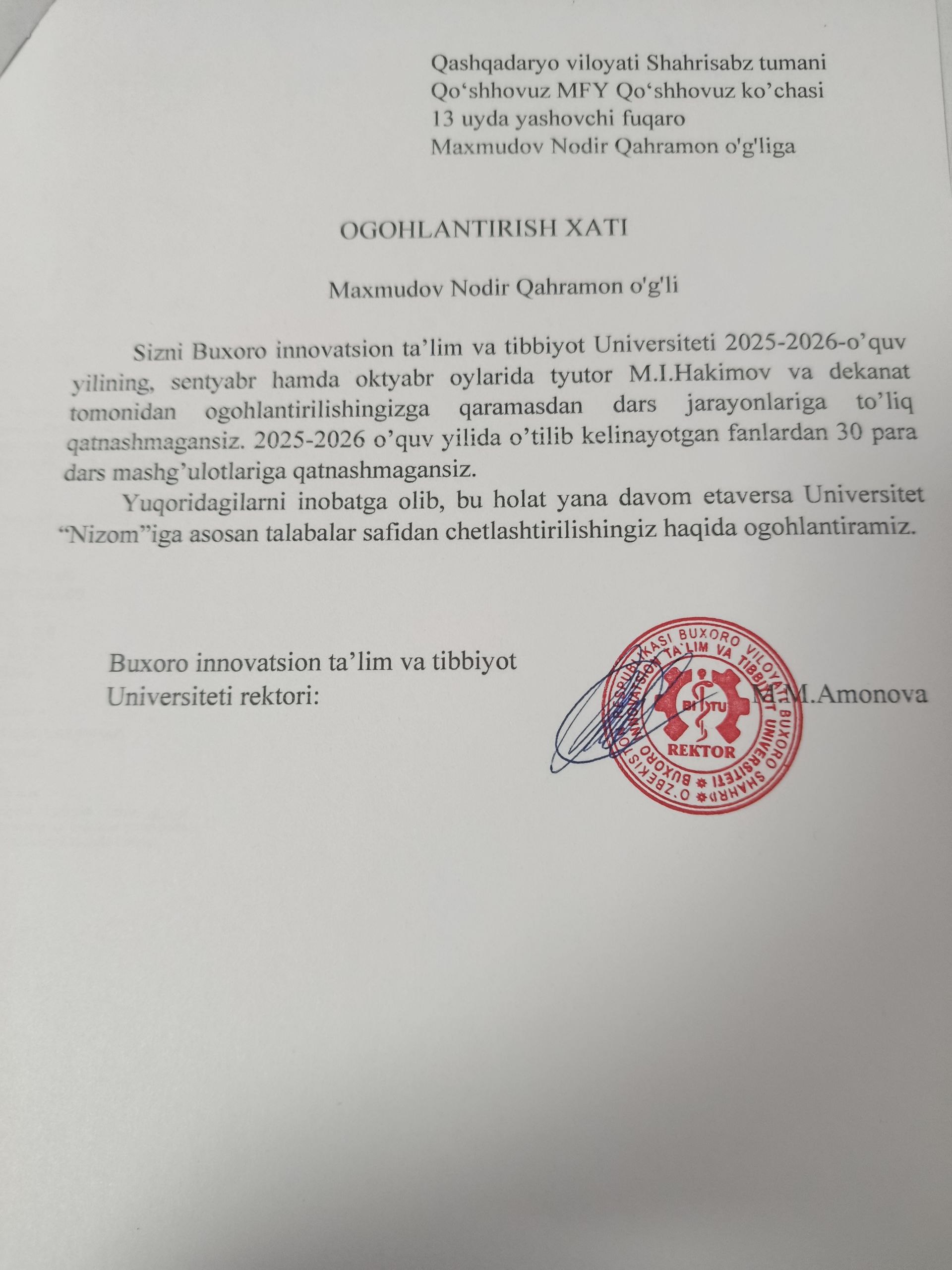 Darsga sababsiz qatnashmagan