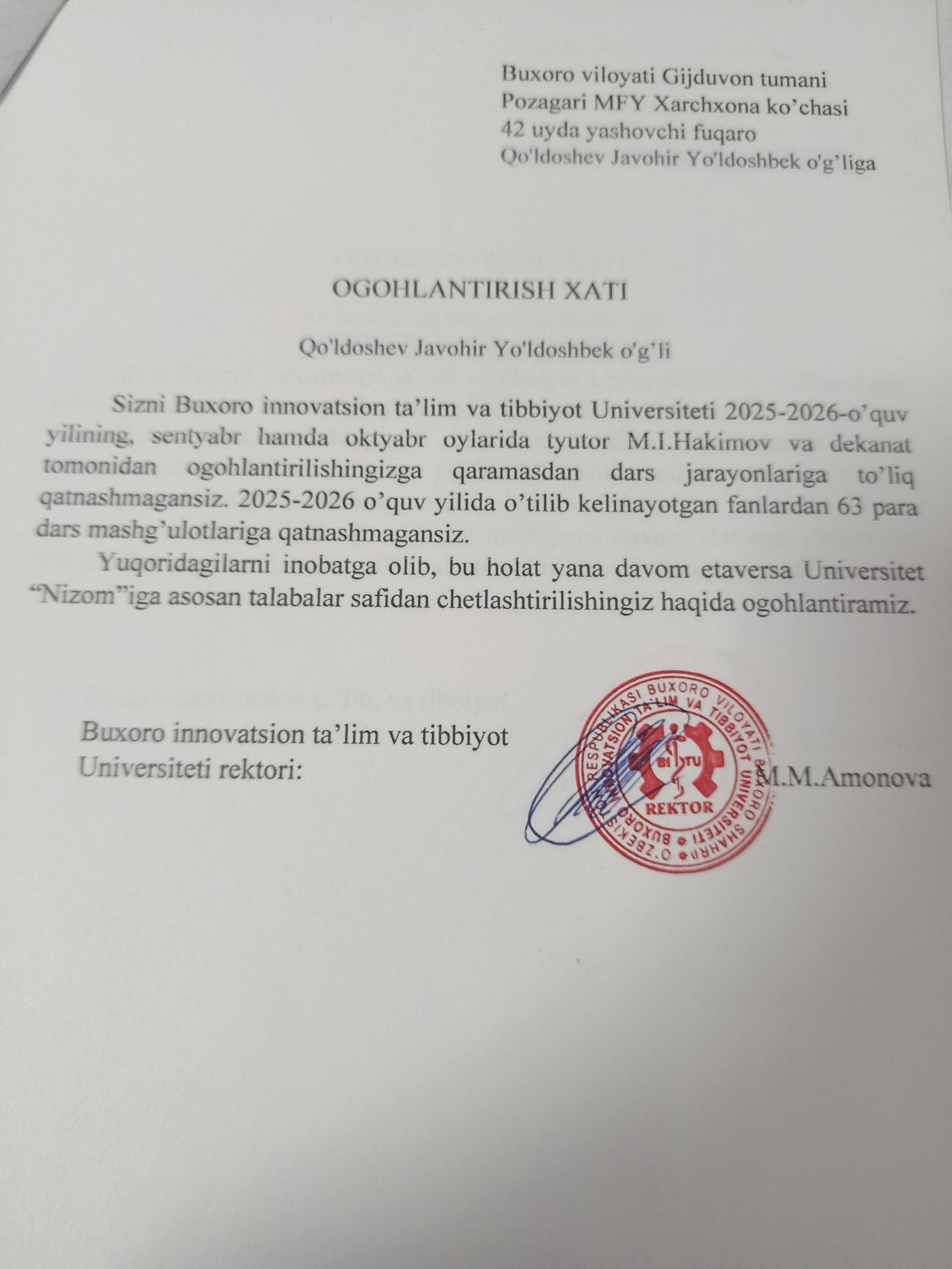 Darsga sababsiz qatnashmagan