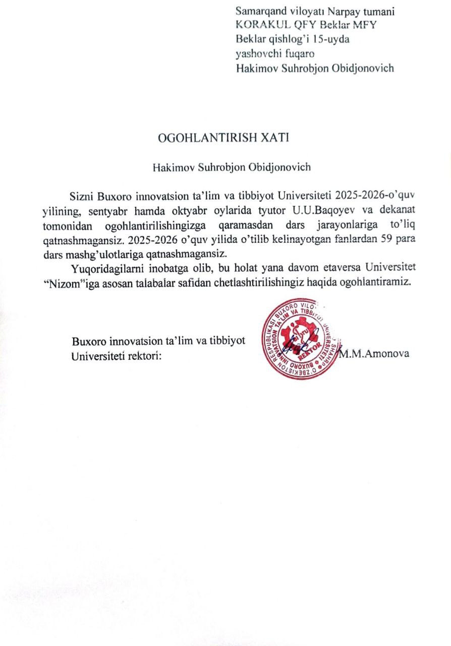 Darsga sababsiz qatnashmagan