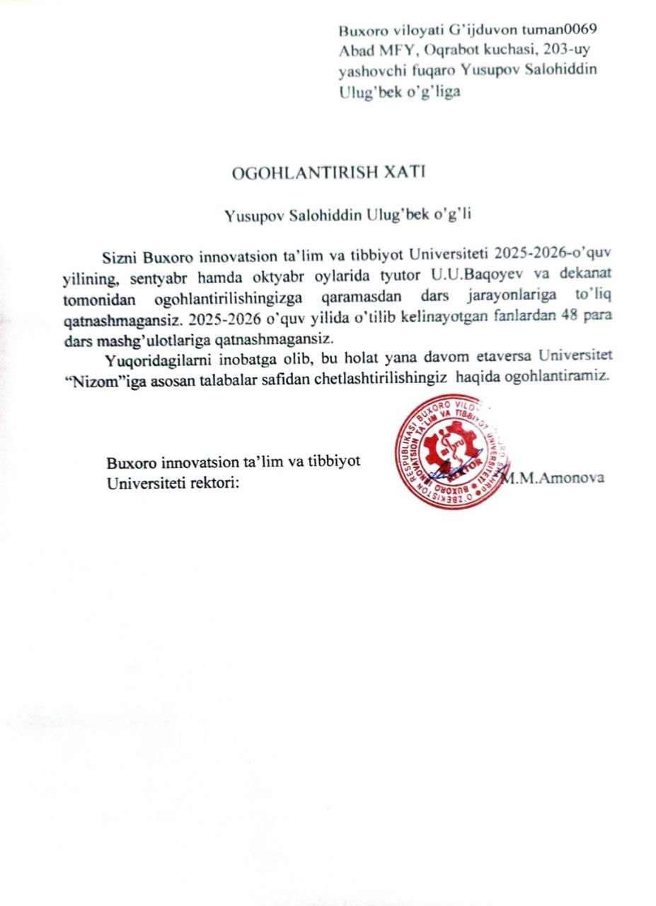 Darsga sababsiz qatnashmagan