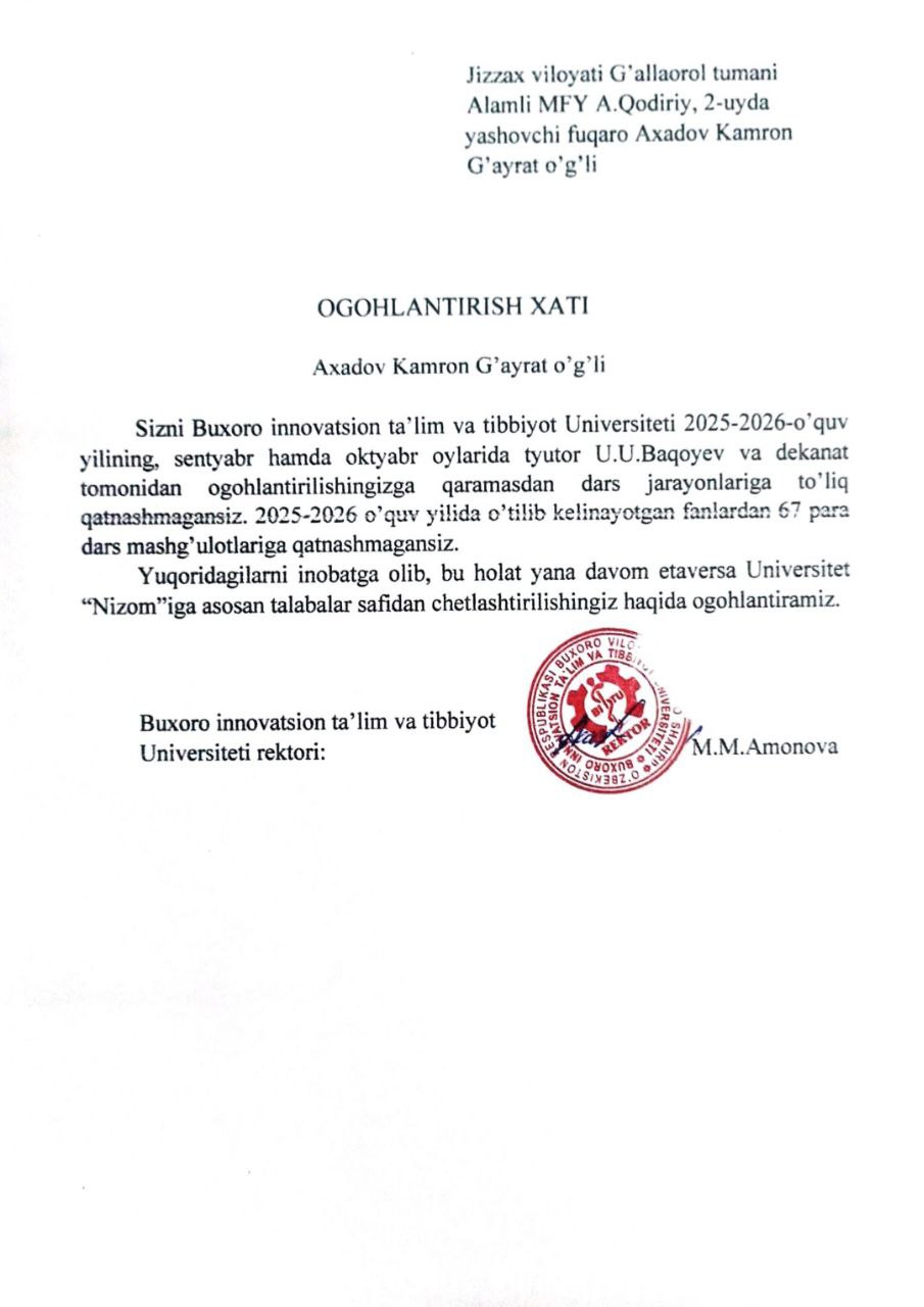 Darsga sababsiz qatnashmagan