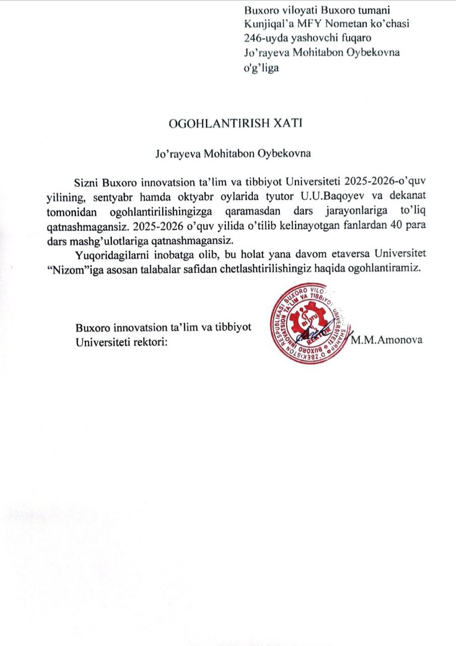 Darsga sababsiz qatnashmagan