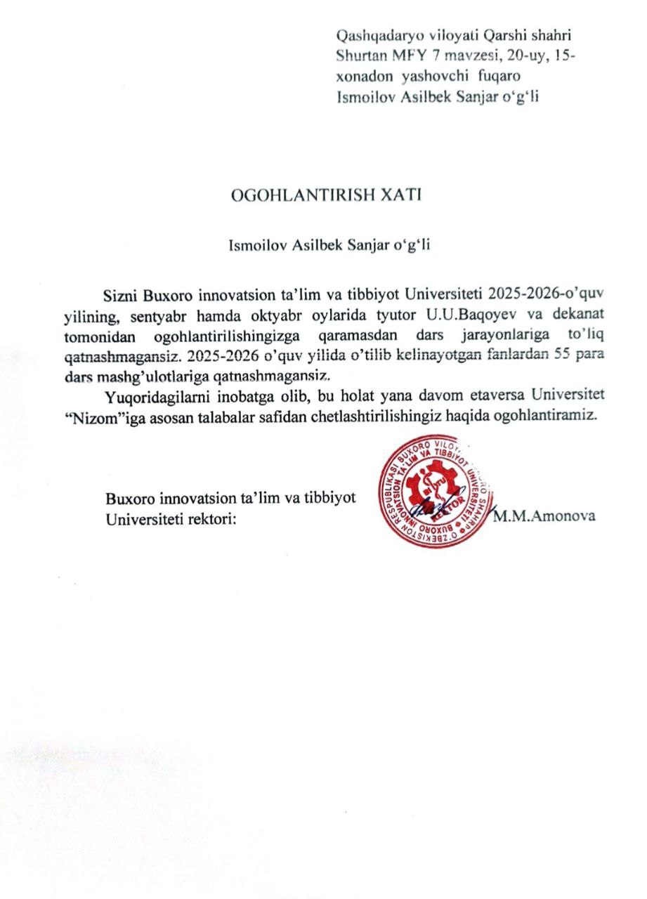 Darsga sababsiz qatnashmagan