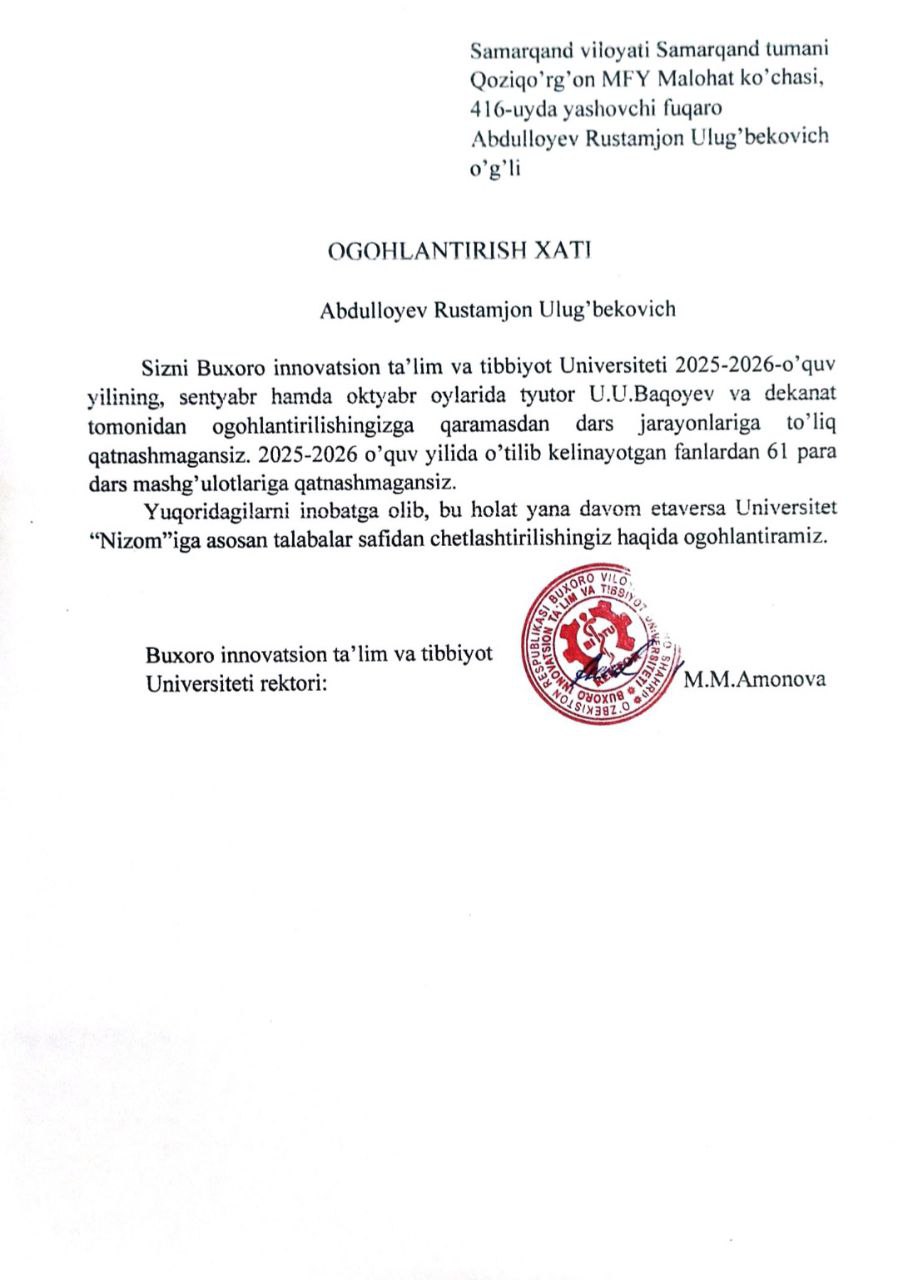 Darsga sababsiz qatnashmagan