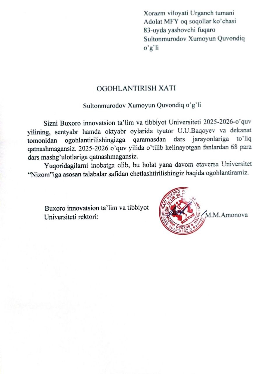 Darsga sababsiz qatnashmagan