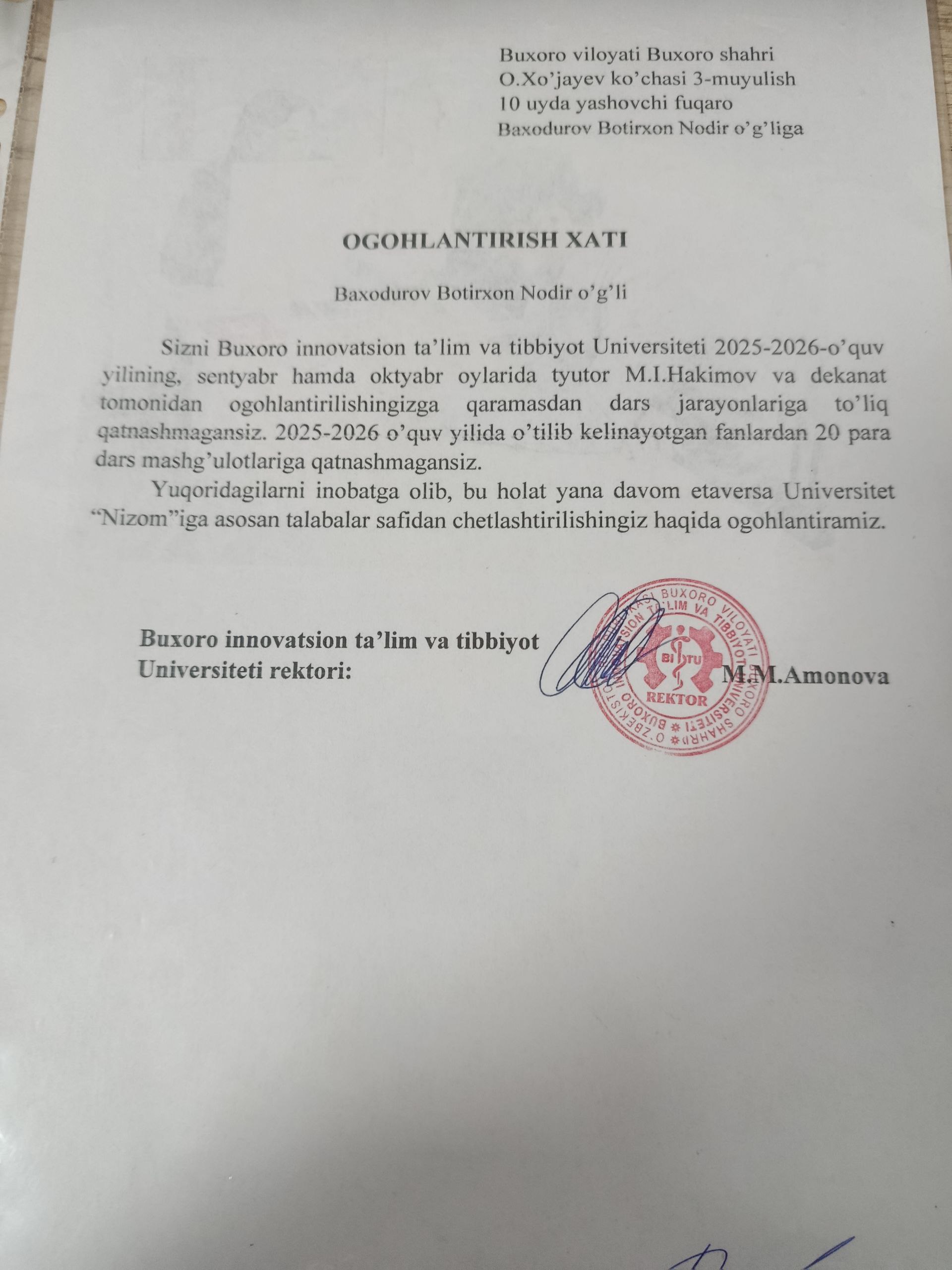 Dars mashg'ulotlariga sababsiz qatnashmagan