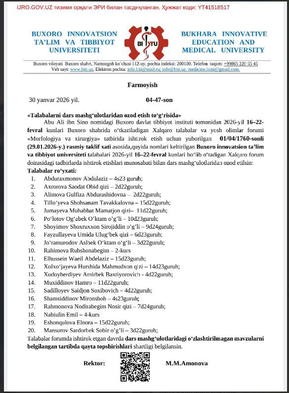 Talabalarni dars mashg'ulotlaridan ozod etish to'g'risida