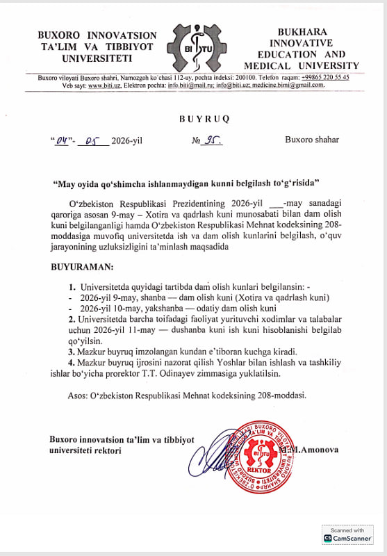 MAY OYIDA QO'SHIMCHA ISHLAMAYDIGAN KUN