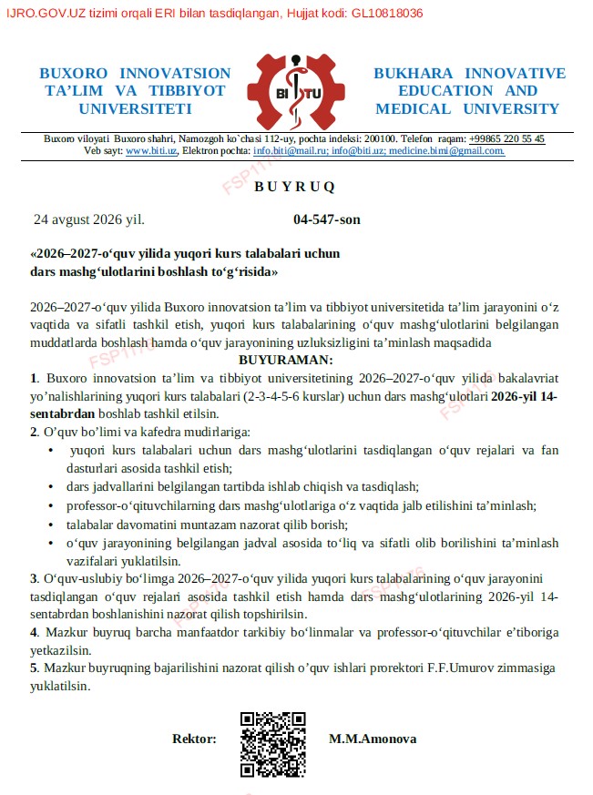 2026–2027-o‘quv yilida yuqori kurs talabalari uchun dars mashg‘ulotlarini boshlash to‘g‘risida