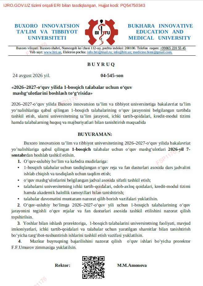 2026–2027-o‘quv yilida 1-bosqich talabalar uchun o‘quv mashg‘ulotlarini boshlash to‘g‘risida